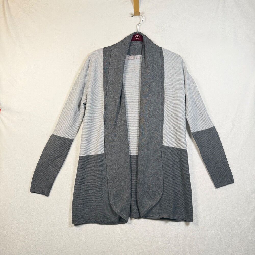 Evolution Gray Open Front Cardigan Womens Small 2 Tone Knit Lightweight Sweater